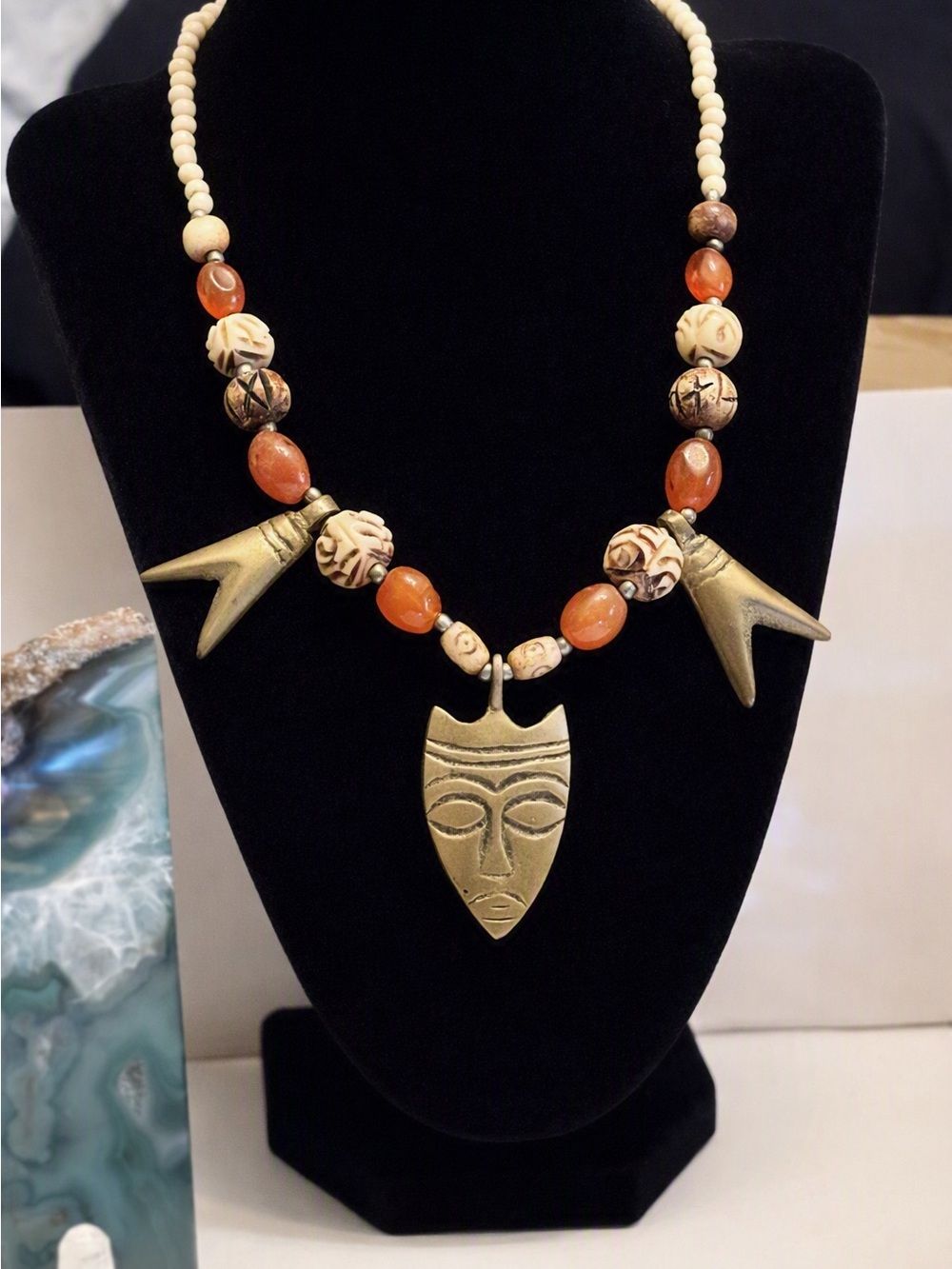 Boho Tribal Mask Pendant Necklace in Ivory and Burnt Orange